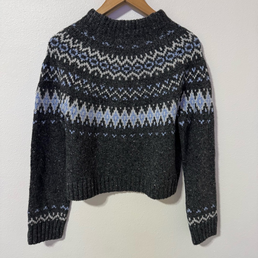 J Crew Fair Isle Wide-Mockneck Sweater Gray Merino Wool Nordic Fair Isle 2024-XS - Picture 2 of 9